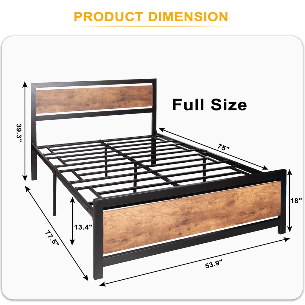 Black Metal Full Bed Frame with Wooden Headboard and Footboard K663