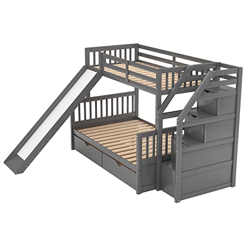 Grey Wood Twin Over Full Bunk Bed with Slides and Drawers H8823