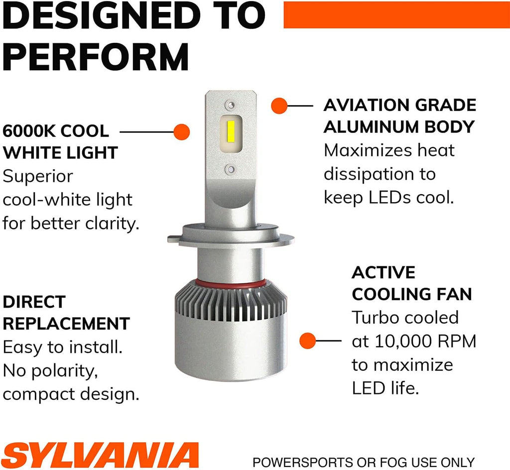 H7 LED Powersport Headlight Bulbs, Cool Bright White, 2 Pack Z3180