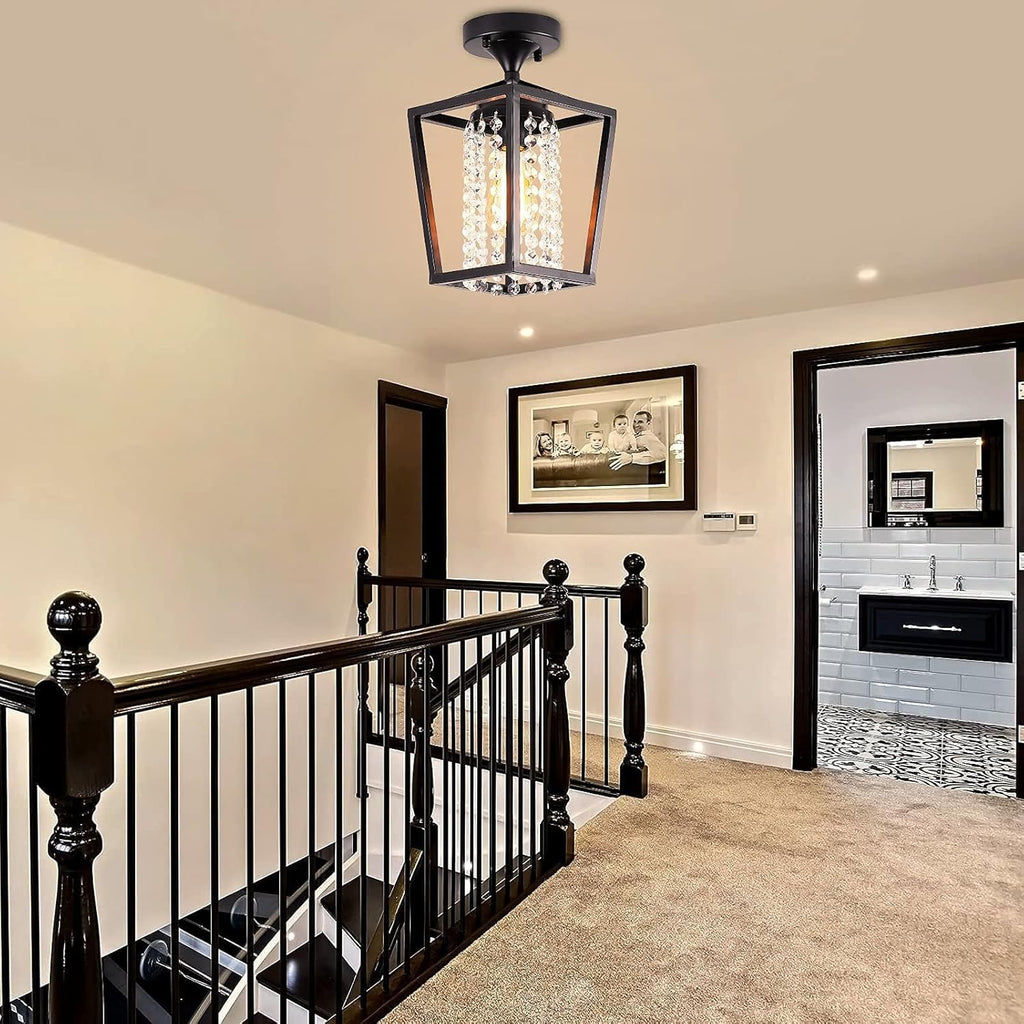 Semi Flush Mount Crystal Ceiling Light Black Metal Cage Z397762