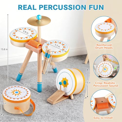 Wooden Kids Drum Kit with Cymbal, Pedal Bass Drum & 2 Drumsticks I3102
