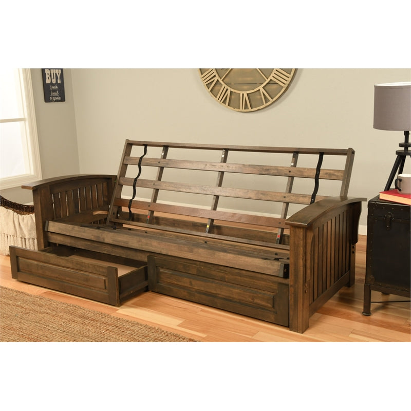 Walnut Futon with Drawers and Suede Blue Mattress K671358