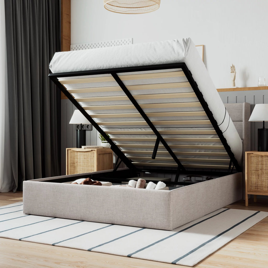 Beige Queen Size Lift Up Platform Bed Frame with Headboard V9892