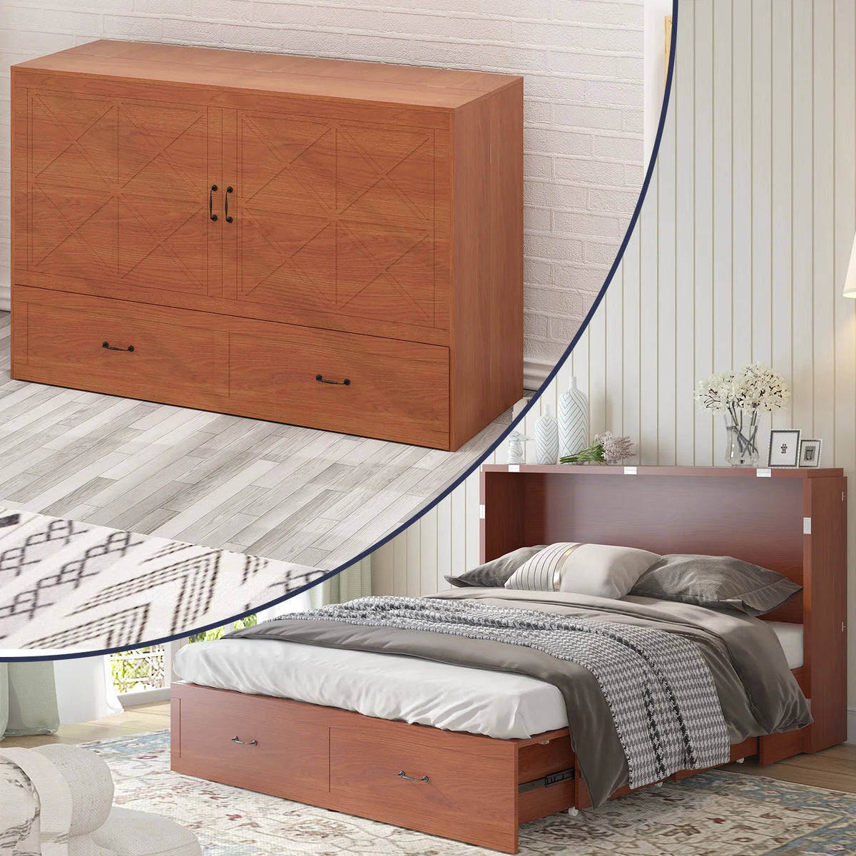 Queen Size Solid Wood Murphy Bed Cabinet with Storage Drawer and Charging Station A571