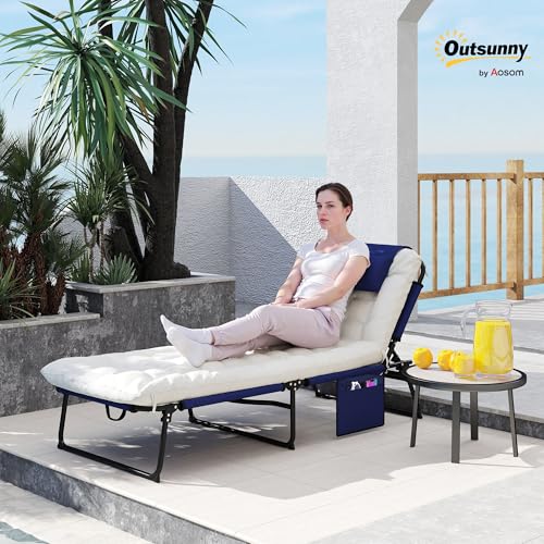 Folding Chaise Lounge with 4-Level Reclining Back, Cushion, Mesh Fabric, Side Pocket, Headrest, Gray F81423
