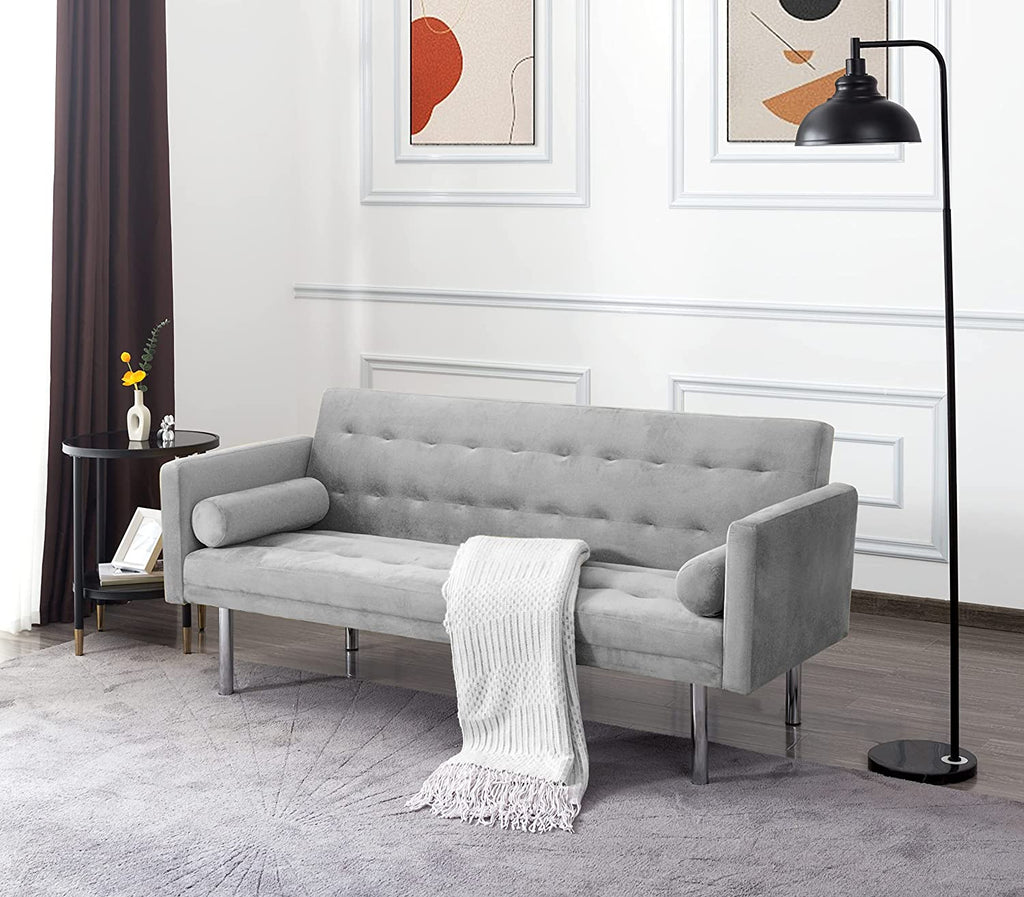 Square Arm Velvet Futon Sofa Bed, Convertible Sleeper Sofa with 2 Pillows, Twin Sleeper Size J73298