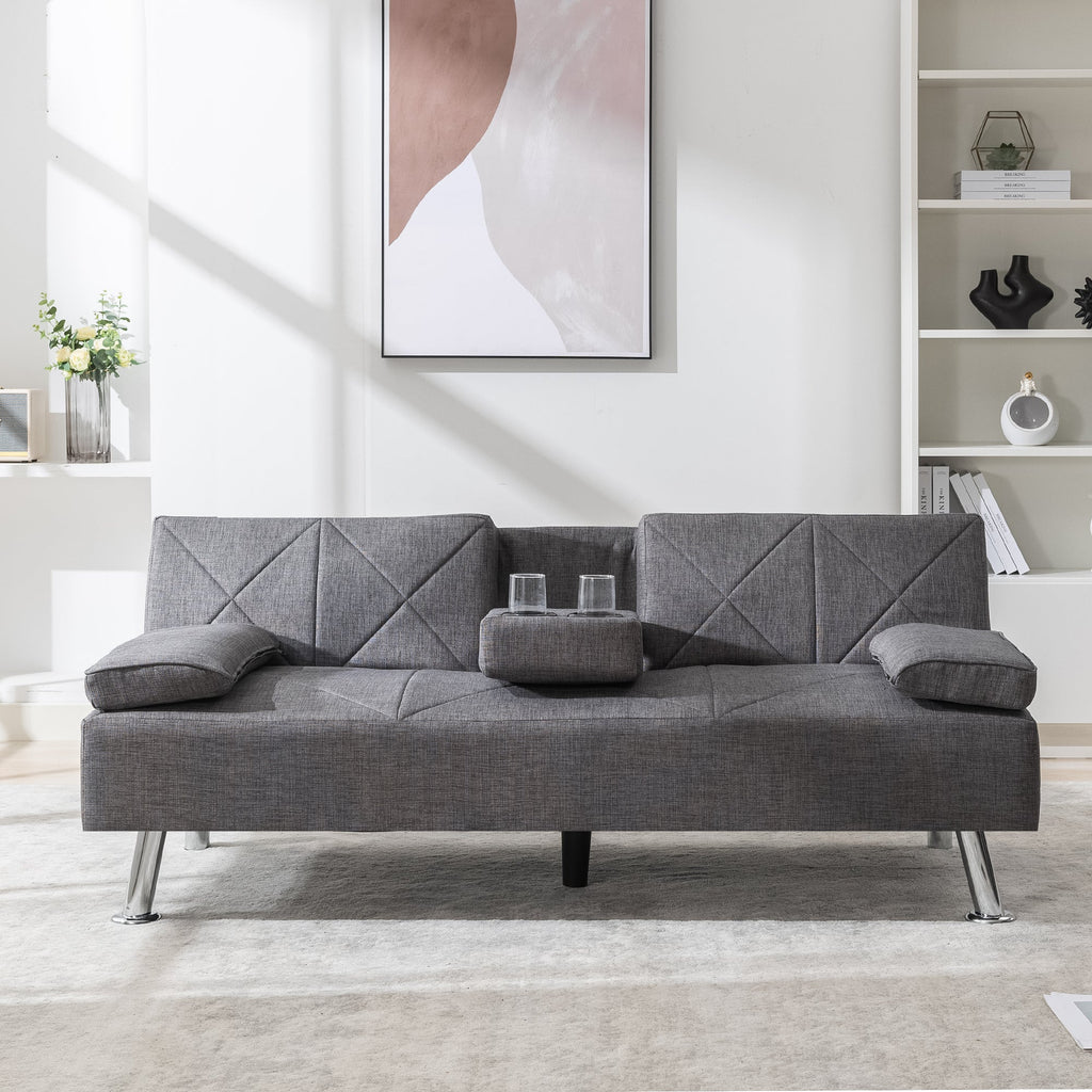 Gray Linen Convertible Folding Futon Sofa Bed with Removable Armrests I19365