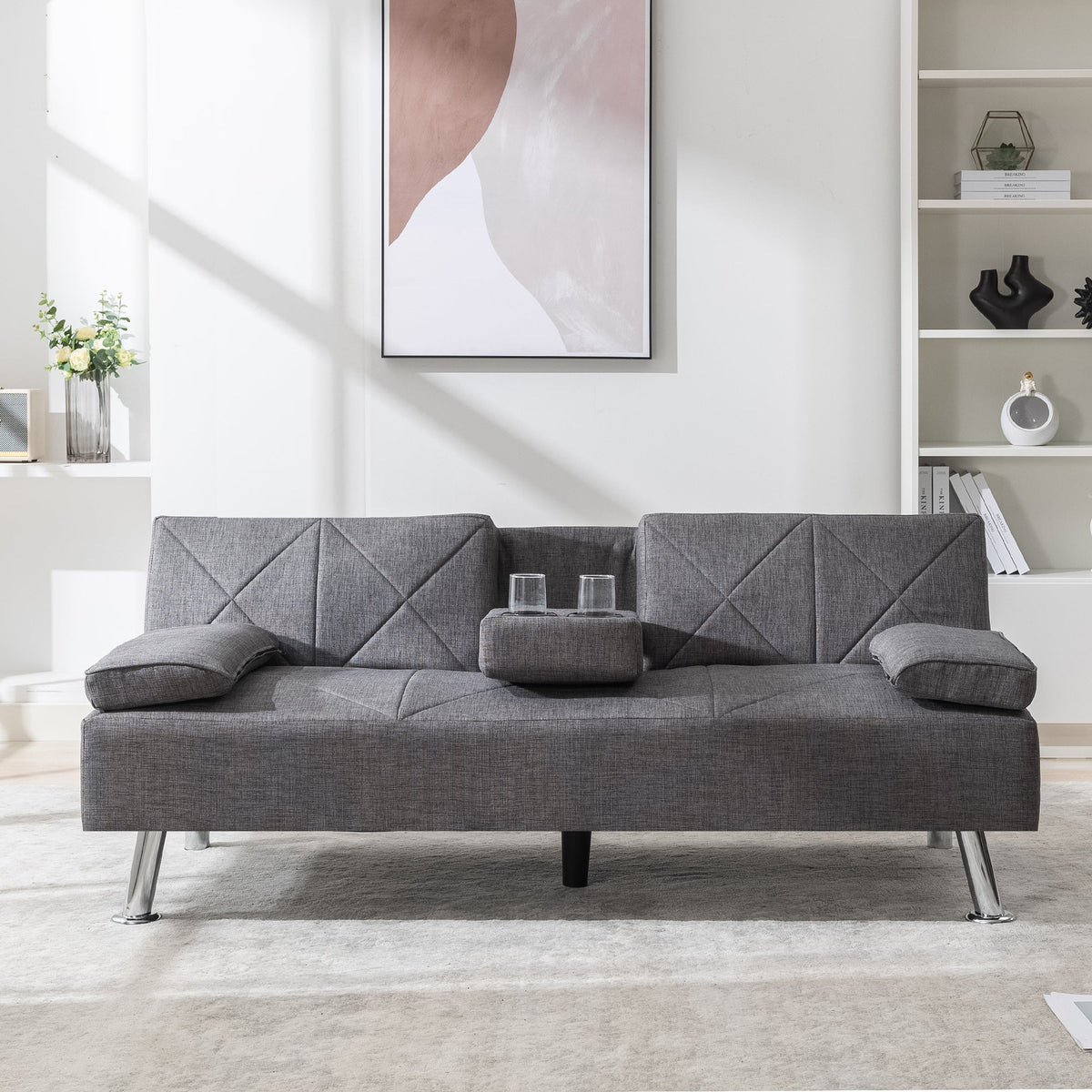 Gray Linen Convertible Folding Futon Sofa Bed with Removable Armrests I19365