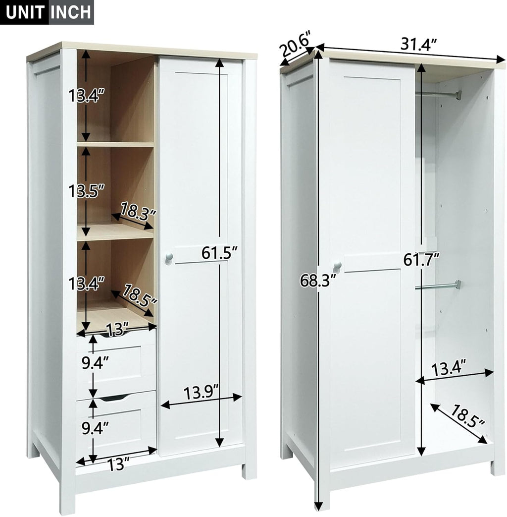 White Freestanding Wooden Armoire Wardrobe with 1 Sliding Door and 2 Drawers Y64544