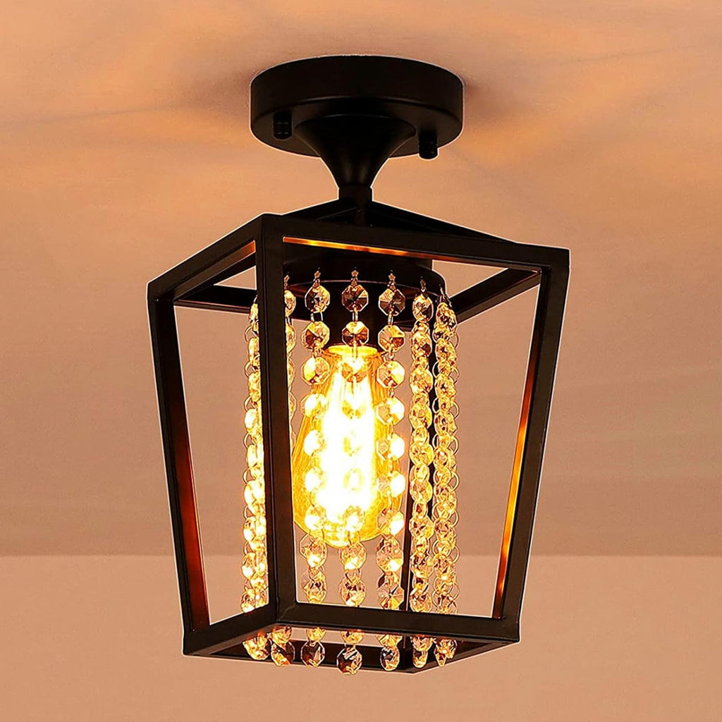 Semi Flush Mount Crystal Ceiling Light Black Metal Cage Z397762