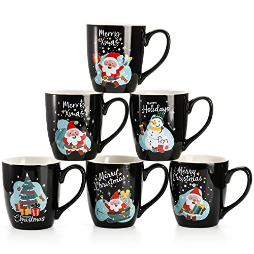 Set of 6 17 Oz Ceramic Black Christmas Coffee Mugs Z40639