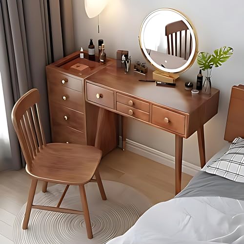 Walnut Color Solid Wood Makeup Vanity Desk with Mirror and LED Lights A973676