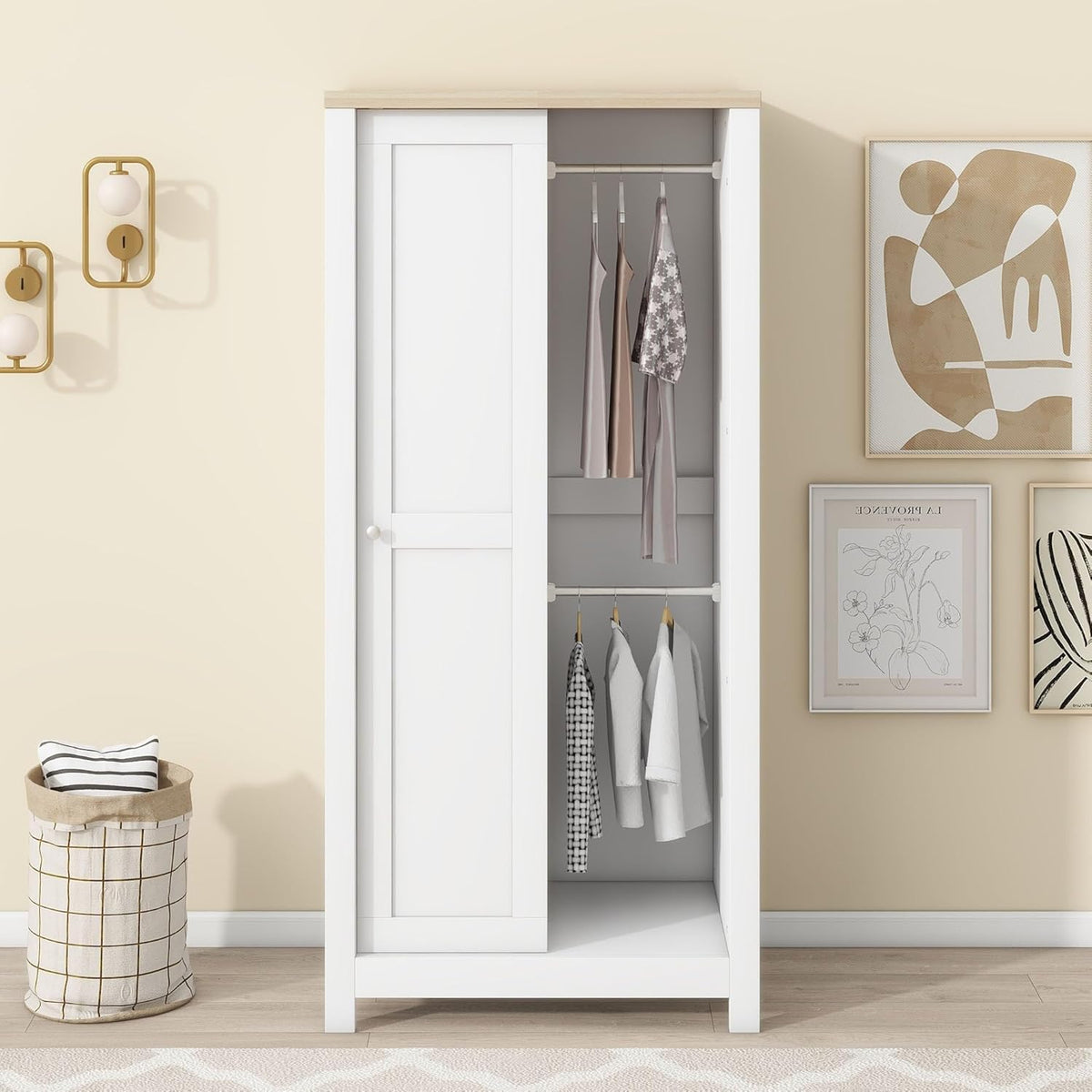 White Freestanding Wooden Armoire Wardrobe with 1 Sliding Door and 2 Drawers Y64544