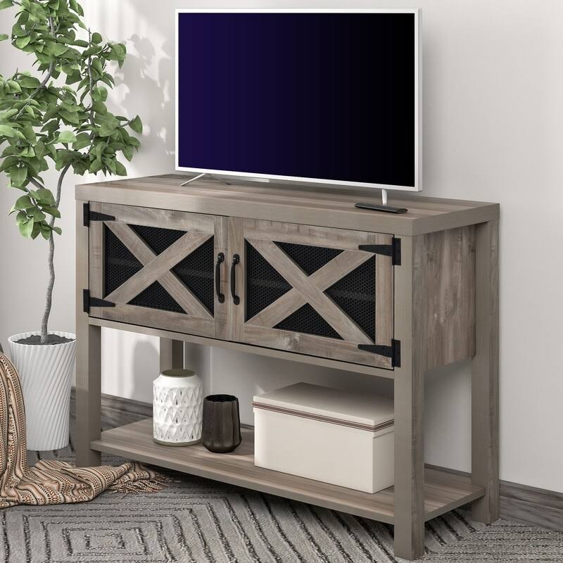 44x22 Grey Wood Metal TV Stand with Storage Cabinets and Shelves J1171