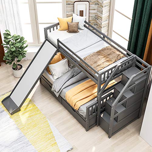Grey Wood Twin Over Full Bunk Bed with Slides and Drawers H8823