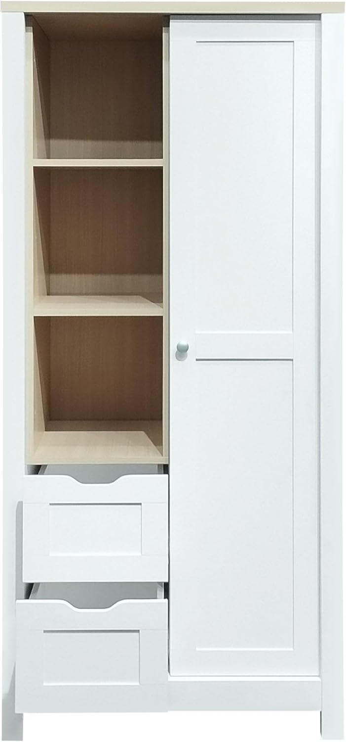 White Freestanding Wooden Armoire Wardrobe with 1 Sliding Door and 2 Drawers Y64544