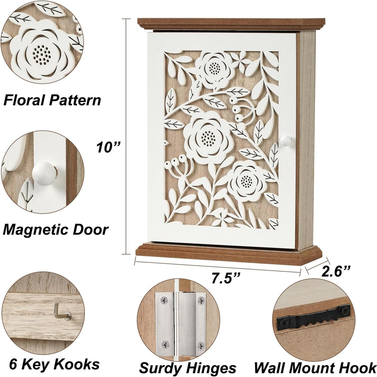 White Wood Key Holder with 6 Key Hook A8159