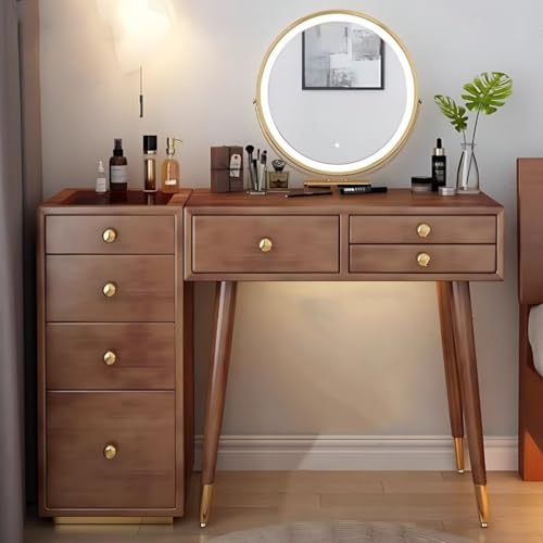 Walnut Color Solid Wood Makeup Vanity Desk with Mirror and LED Lights A973676