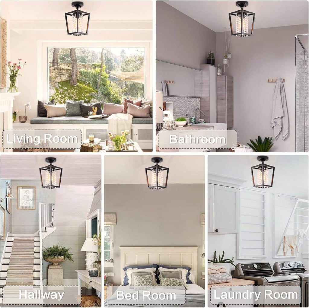 Semi Flush Mount Crystal Ceiling Light Black Metal Cage Z397762