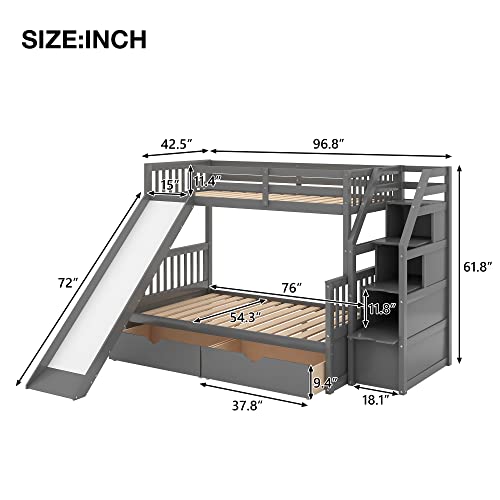 Grey Wood Twin Over Full Bunk Bed with Slides and Drawers H8823
