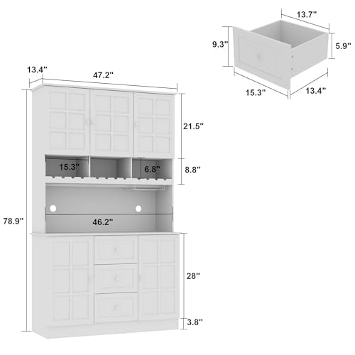 White Freestanding Wood Kitchen Pantry with Glass Doors, Drawers and Adjustable Shelves S874531