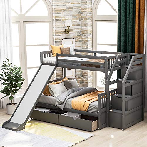 Grey Wood Twin Over Full Bunk Bed with Slides and Drawers H8823