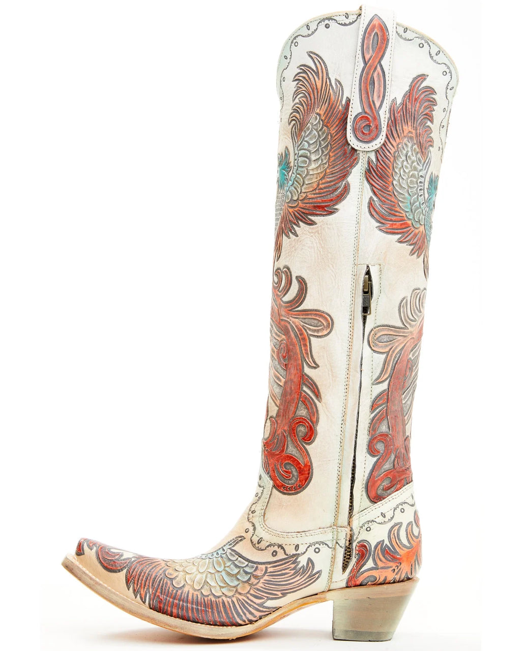 White Hand Tooled And Painted Tall Western Boot Snip Toe V4439