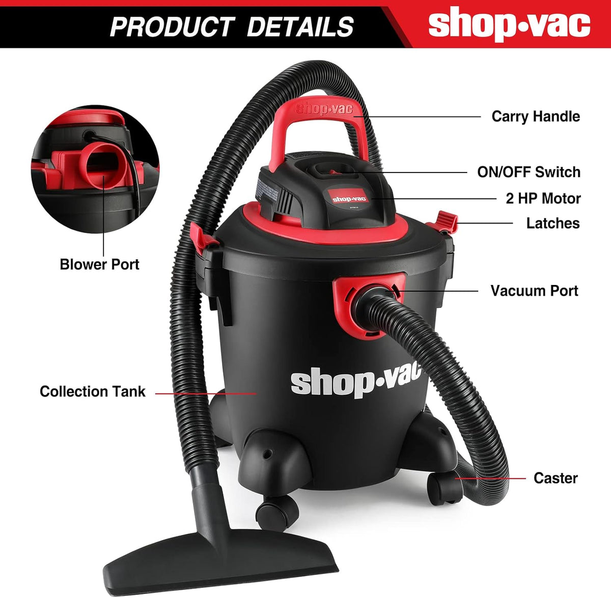 5 Gallon 2.0 Peak HP Wet/Dry Vacuum with Collapsible Handle T2026