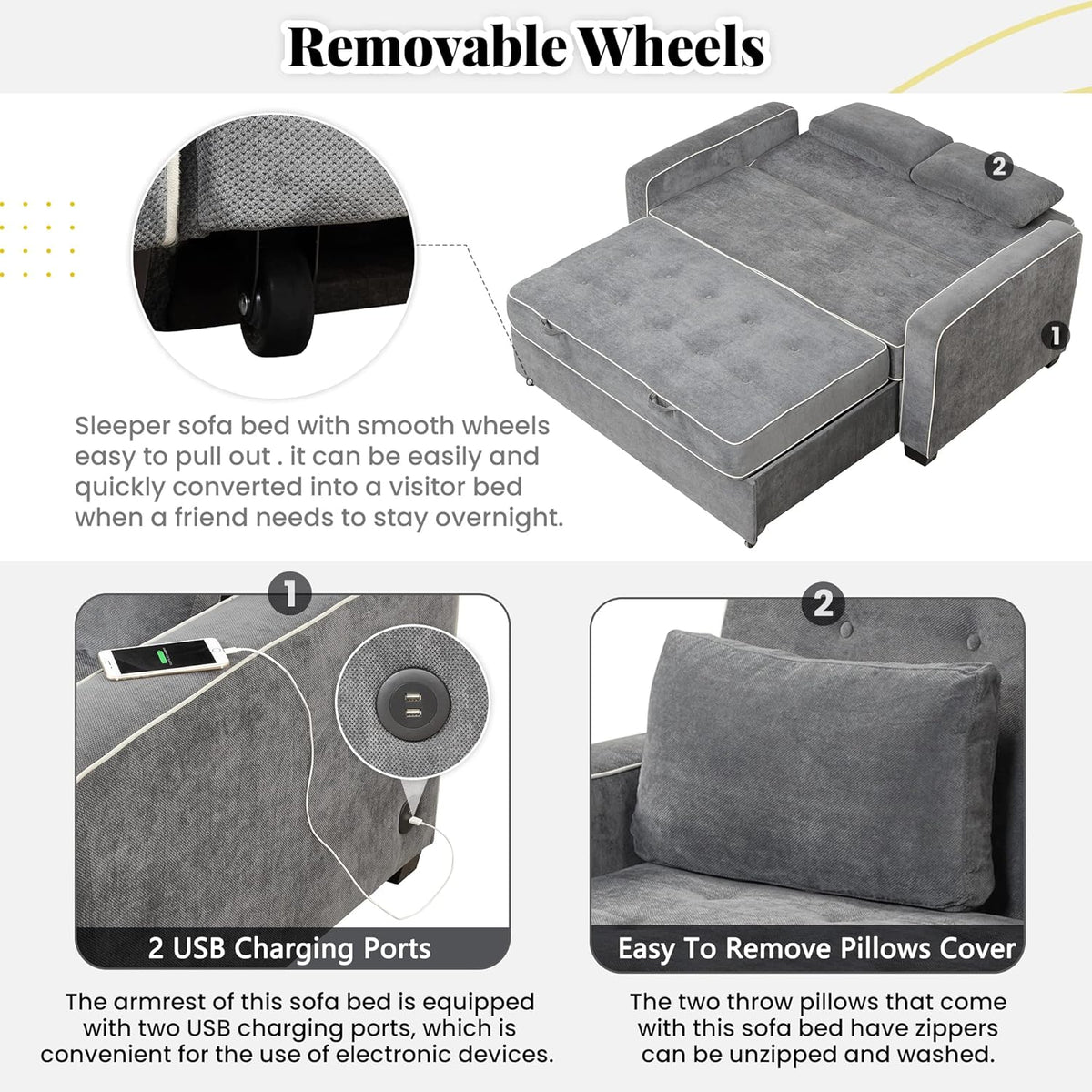 Linen Upholstered Convertible Sofa Bed with USB Charging Port K668