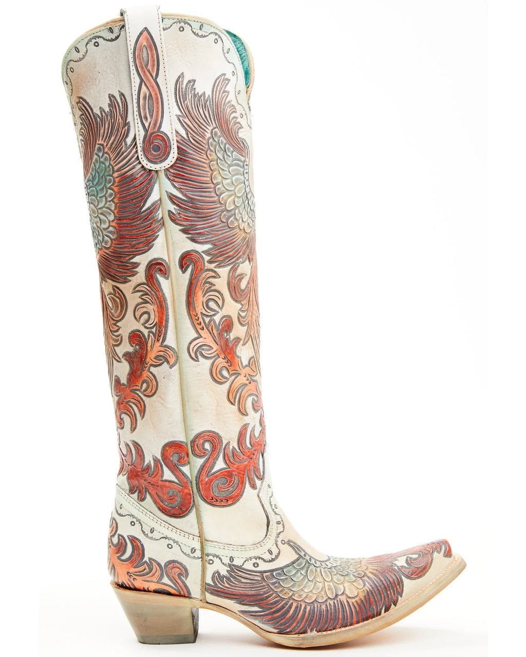 White Hand Tooled And Painted Tall Western Boot Snip Toe V4439