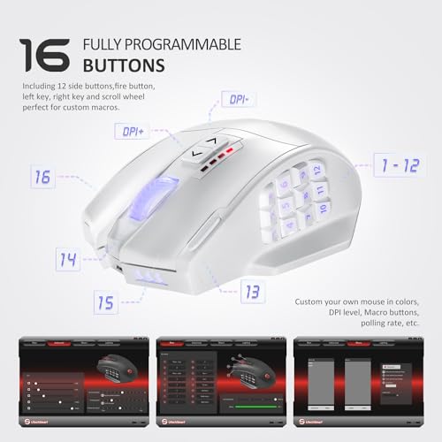 Wireless MMO Gaming Mouse, 16,000 DPI Optical Sensor, 16 Programmable Buttons M6127