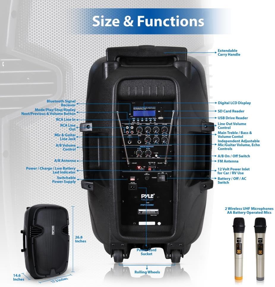 15" Bluetooth PA Speaker with 2 UHF Wireless Microphones, Black X477