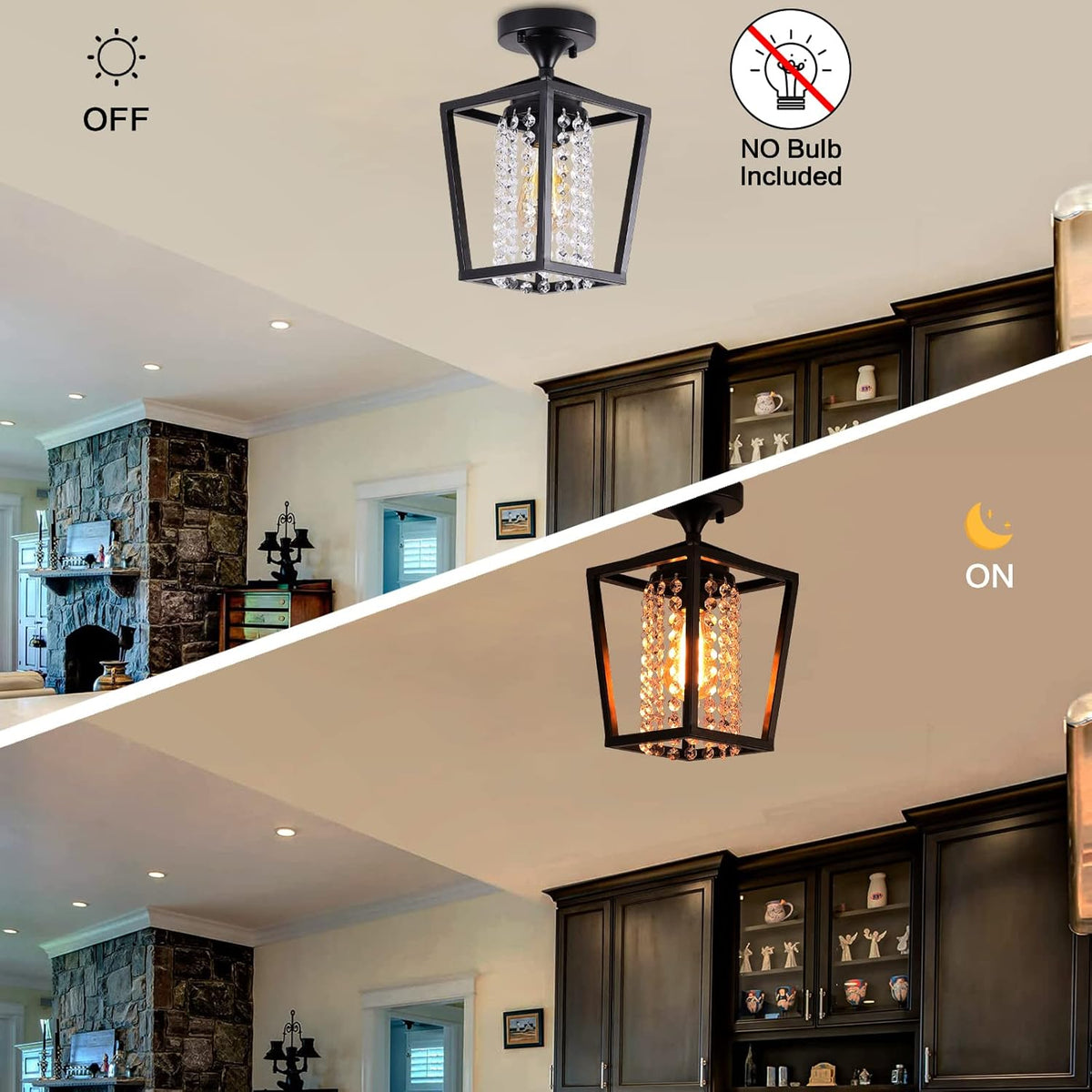 Semi Flush Mount Crystal Ceiling Light Black Metal Cage Z397762