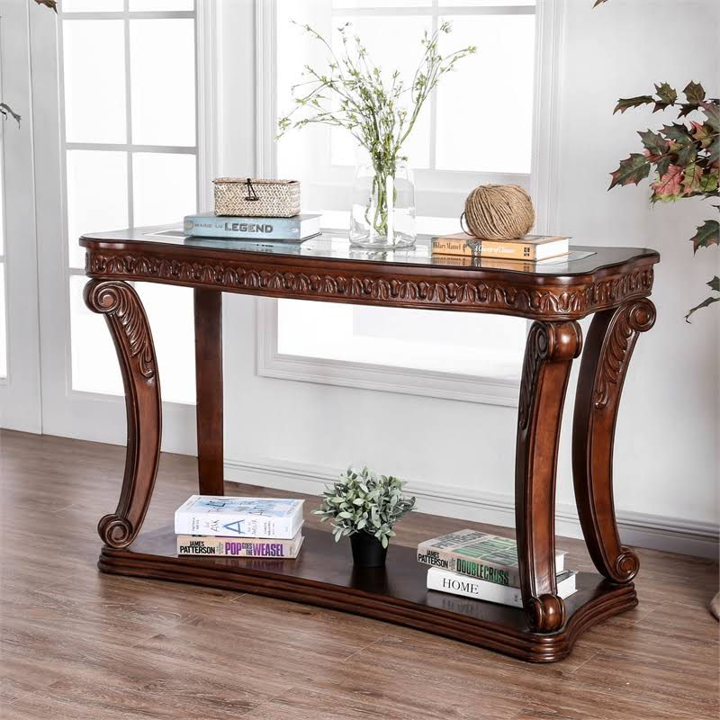 Dark Oak Wood Open Shelf Sofa Table I659