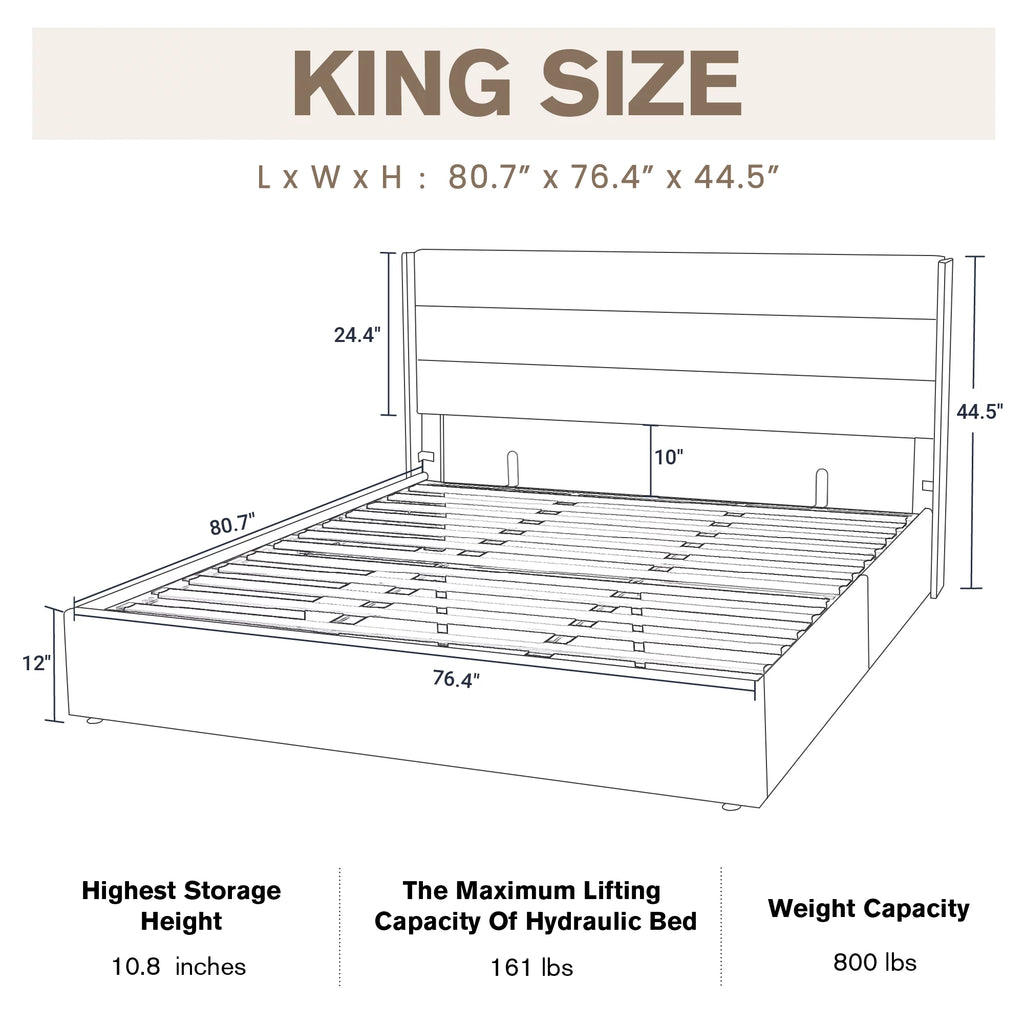 Beige Queen Size Lift Up Platform Bed Frame with Headboard V9892