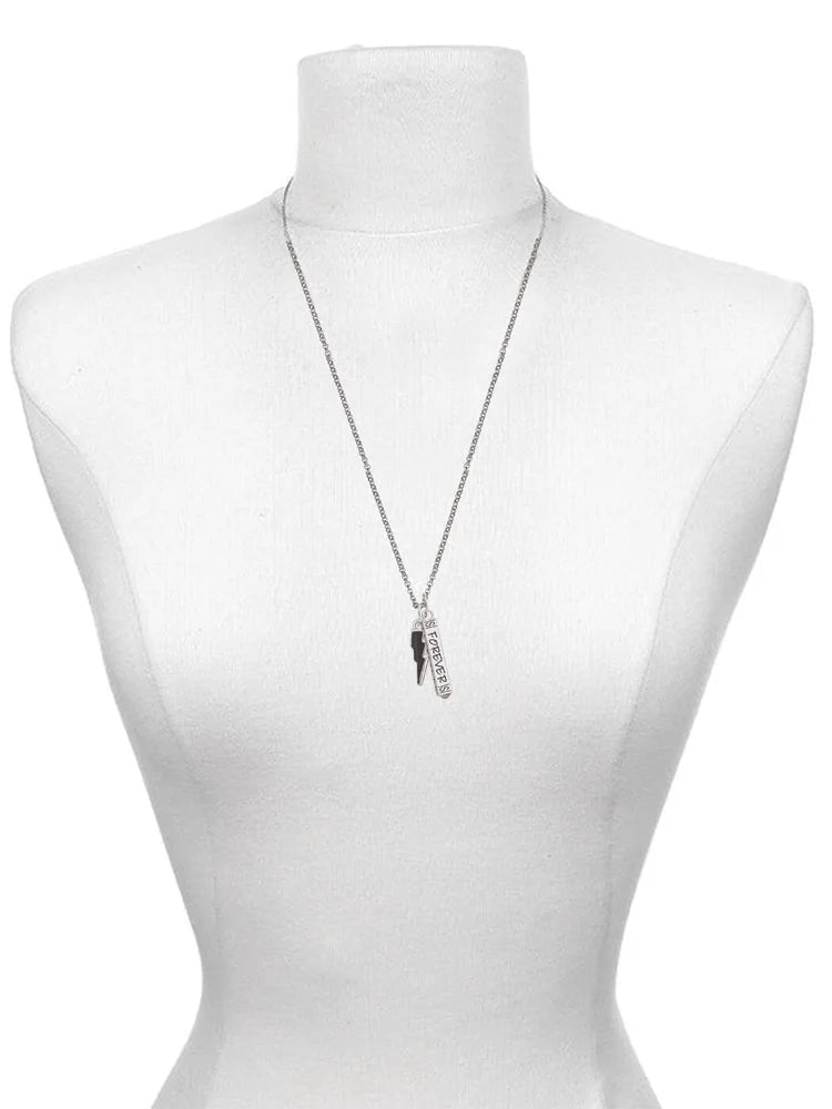Silvertone Black Lightning Bolt Bar Charm Necklace, 23" E29274