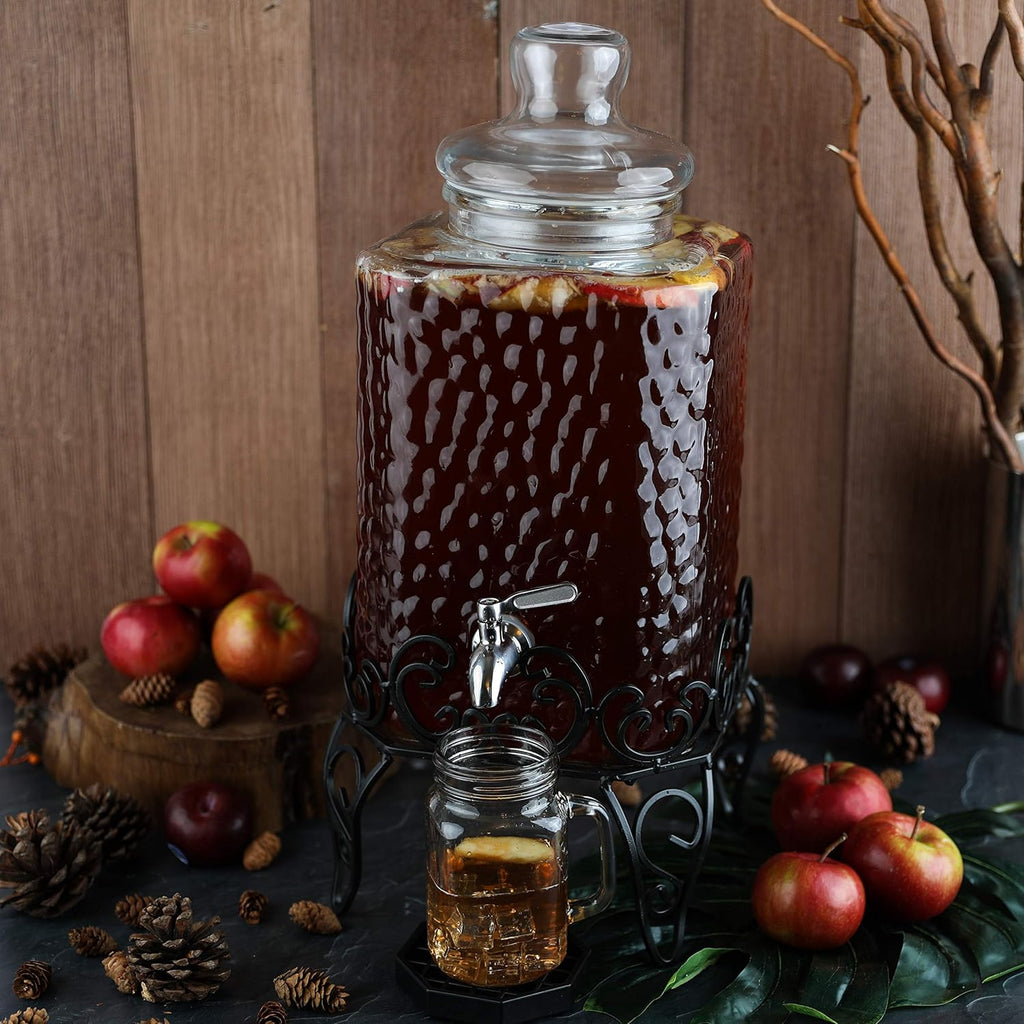 2.5 Gallon Glass Beverage Dispenser with Stainless Steel Spigot on Metal Stand and Drip Tray, Pack of 2 T767578