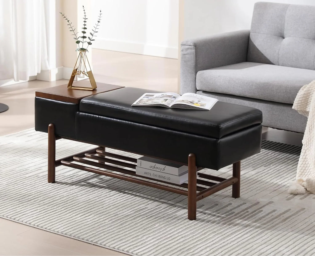 Black Leather Storage Bench with Shoe Rack W609