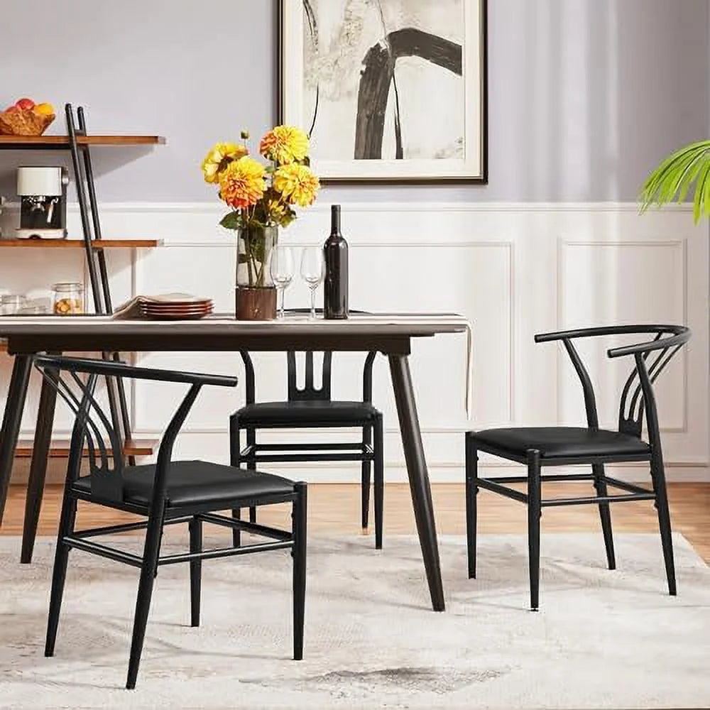 Black Set of 4 Metal Dining Chair with Y-Shaped Backrest PU Leather Seat Y67050