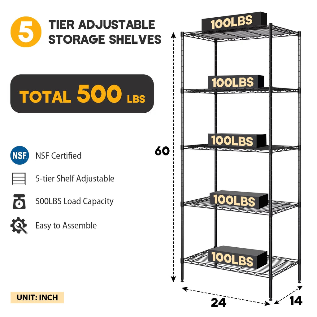 5-Shelf Adjustable Metal Wire Shelving Unit 24" L x 14" W x 60" H Black J7030