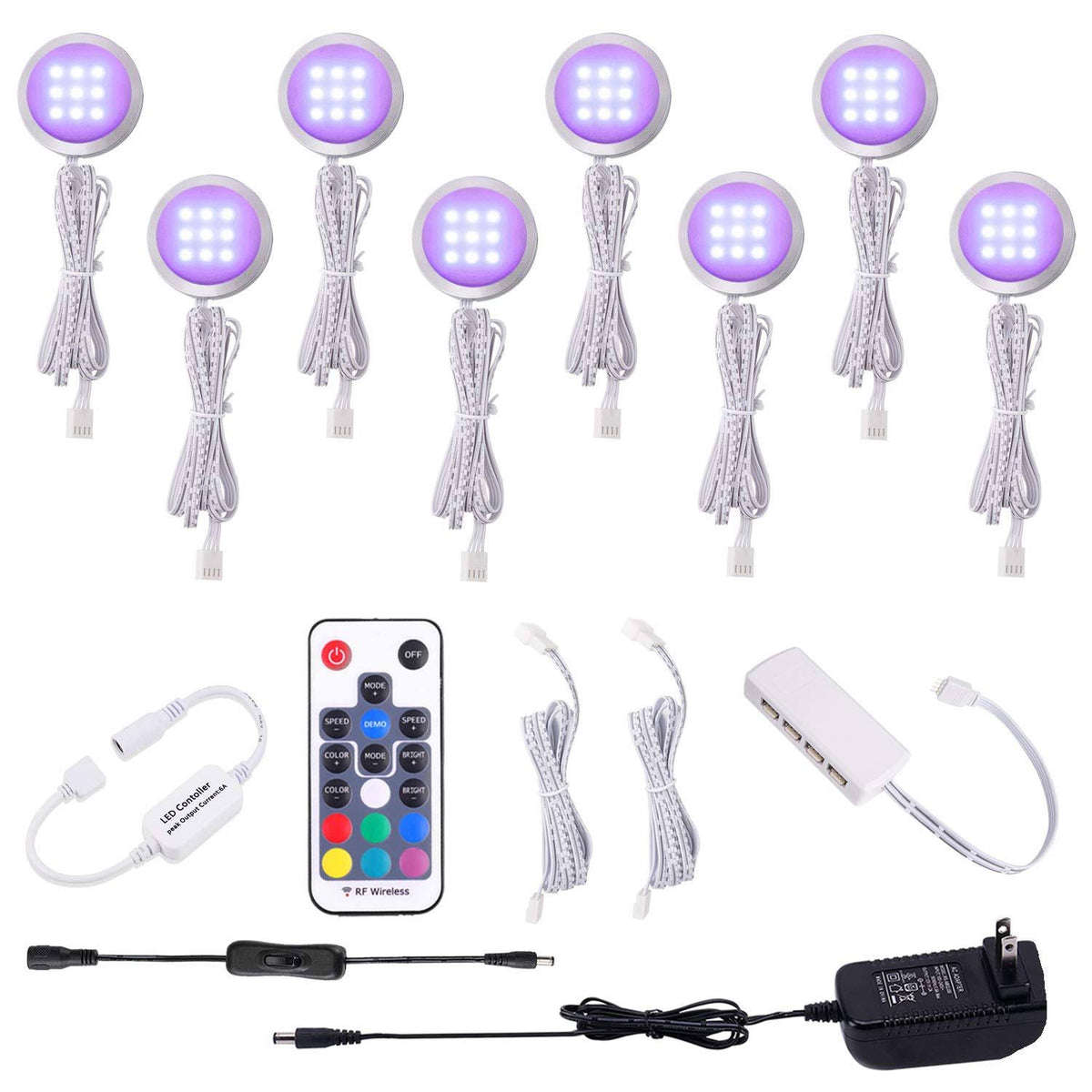 RGB LED Under Cabinet Lights Kit 8 Packs Aluminum Slim I642972