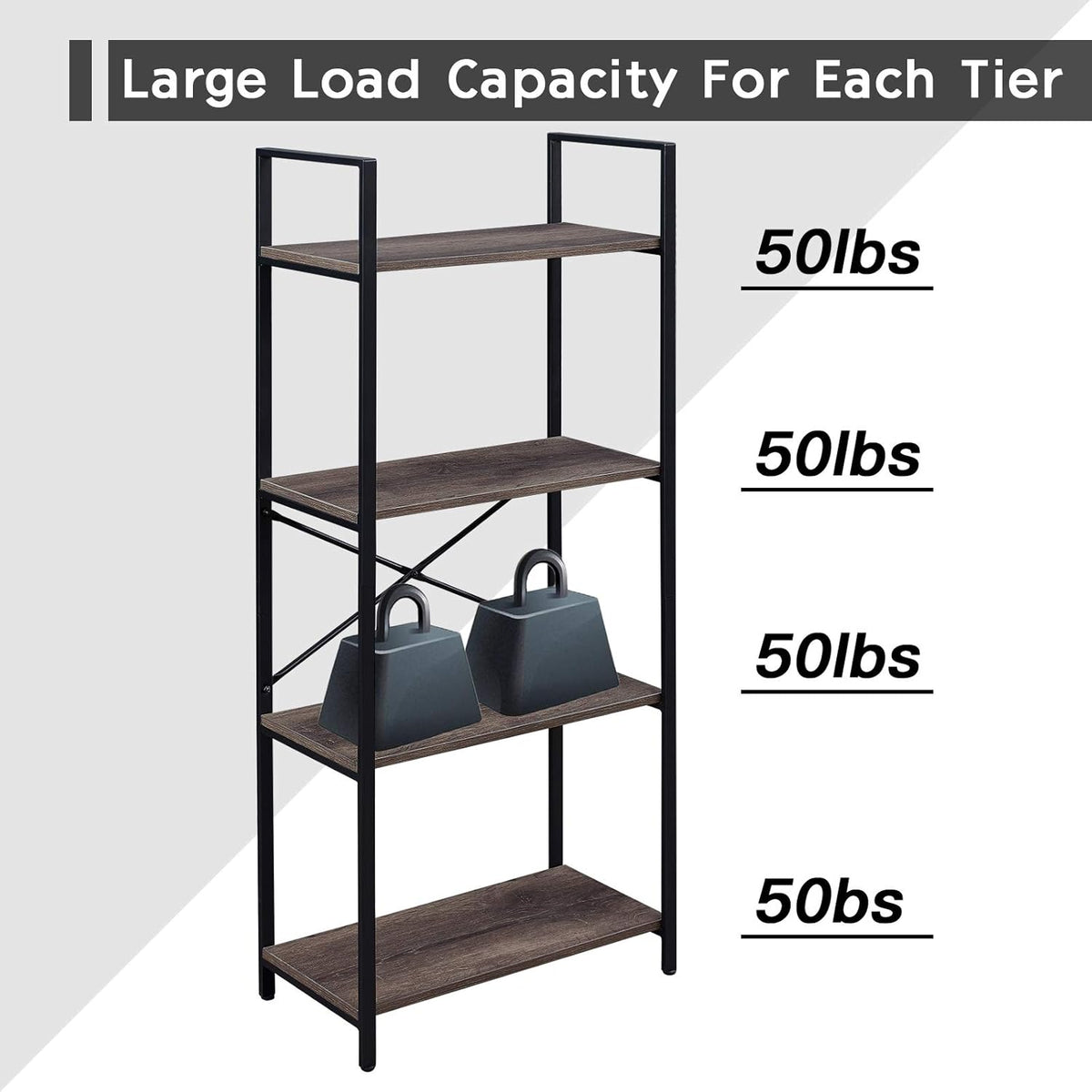 4-Tier Vintage Bookshelf with Metal Frame - Oak Grey A4767