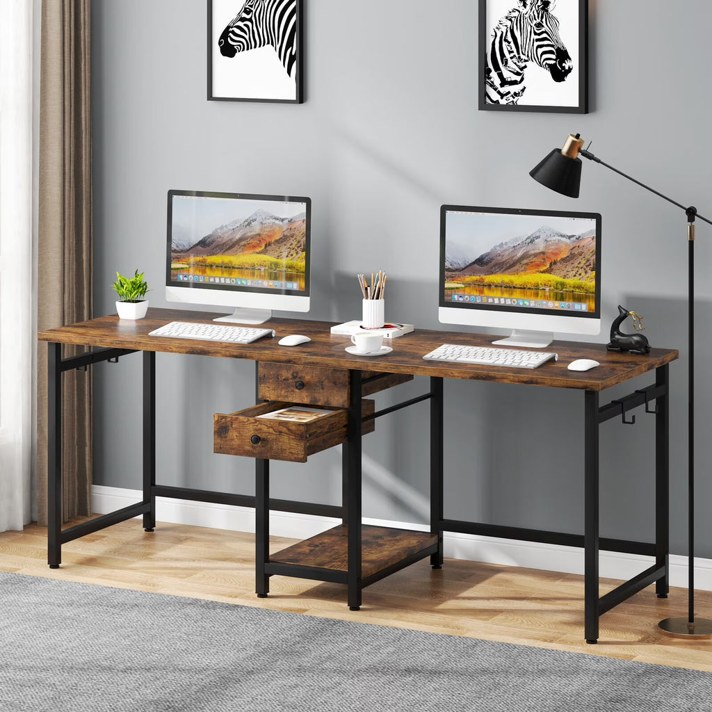 78 Inch Double Working Desk with 2 Drawers and Shelf J428109