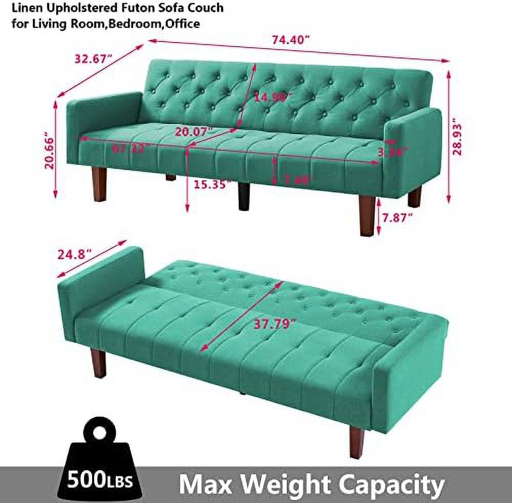 Linen Upholstered Futon Sofa Bed 74" Tufted 3 Seater (Grey) S60989