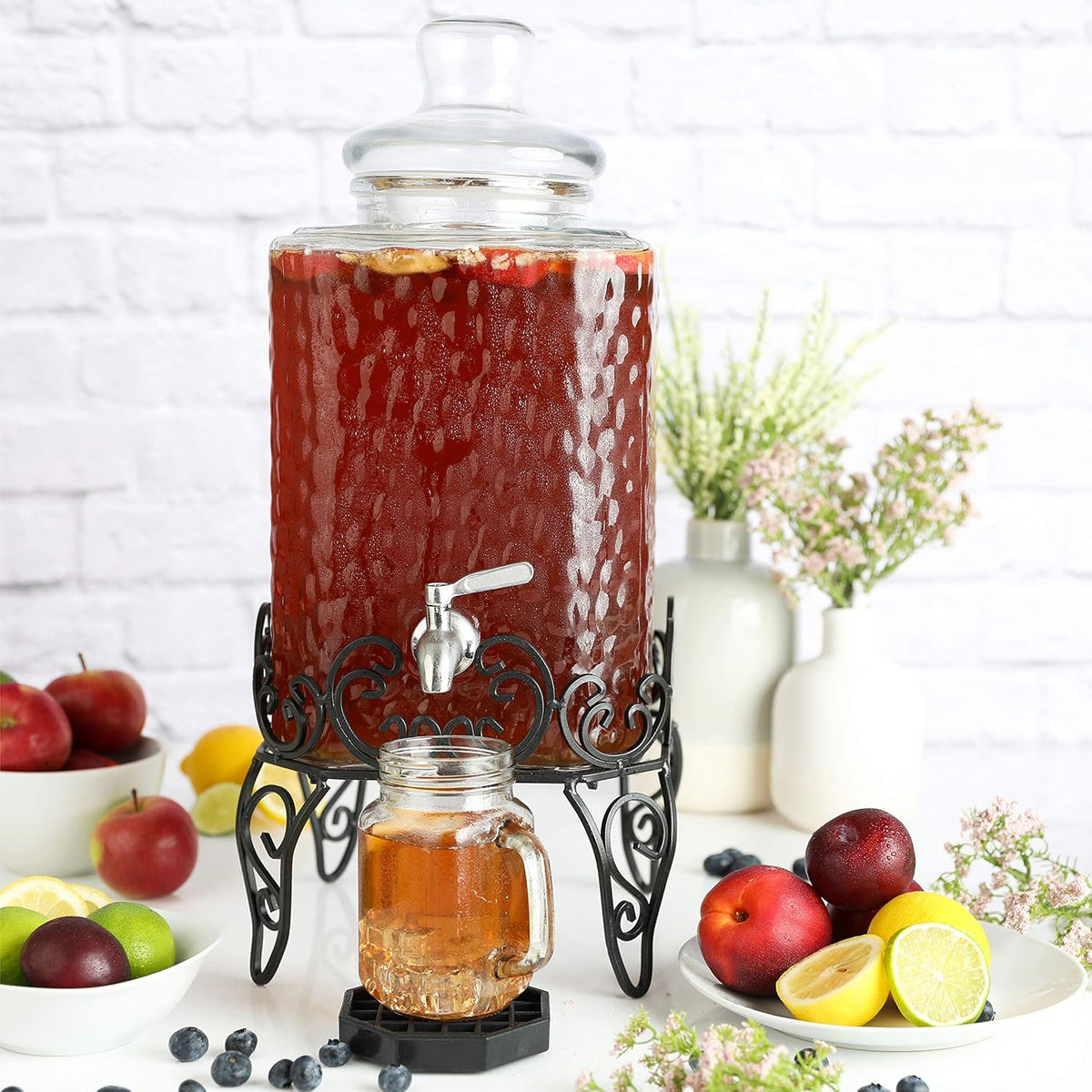 2.5 Gallon Glass Beverage Dispenser with Stainless Steel Spigot on Metal Stand and Drip Tray, Pack of 2 T767578