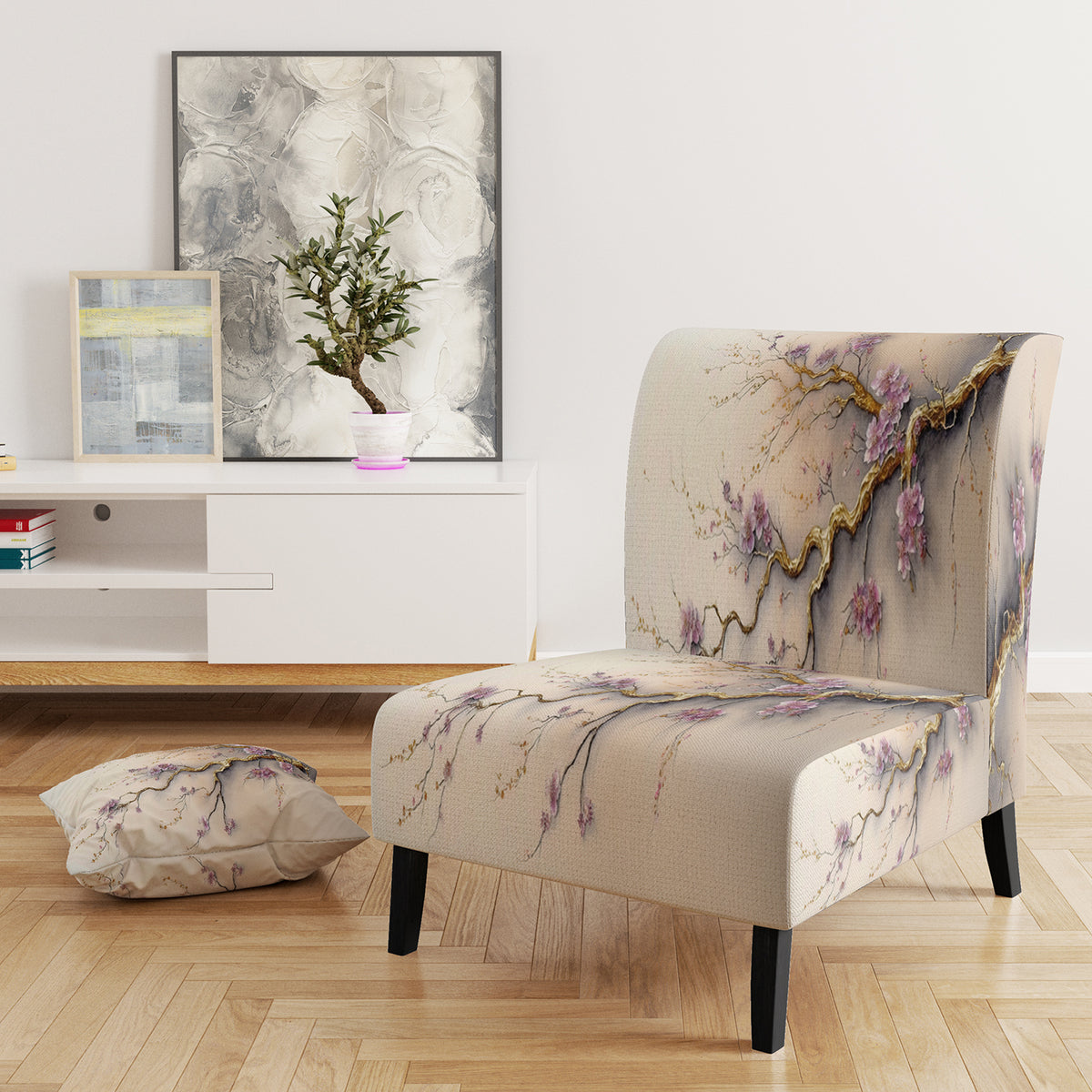 Pink And Plum Cherry Blossom Branch Upholstered Accent Chair and Arm Chair E435