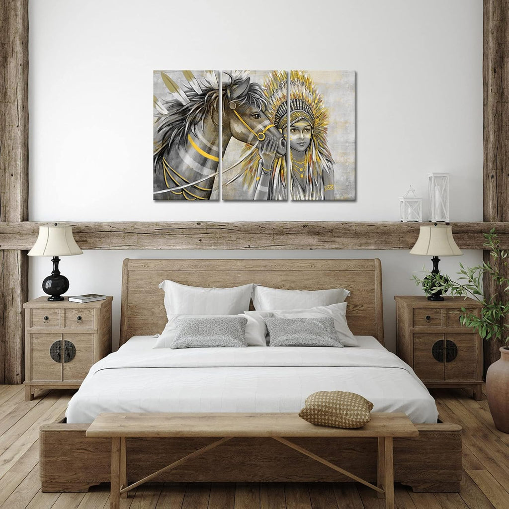 Set of 3 Canvas Painting Native American Women with Horse Feathers Headdress Poster Artwork Framed I8798