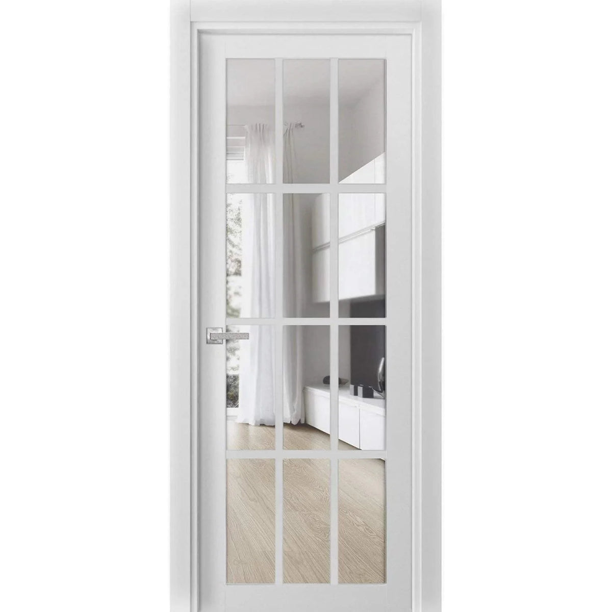 Solid French Door Clear Glass 12 lites White Silk Single Regular Panel Frame Trims Handle E5694