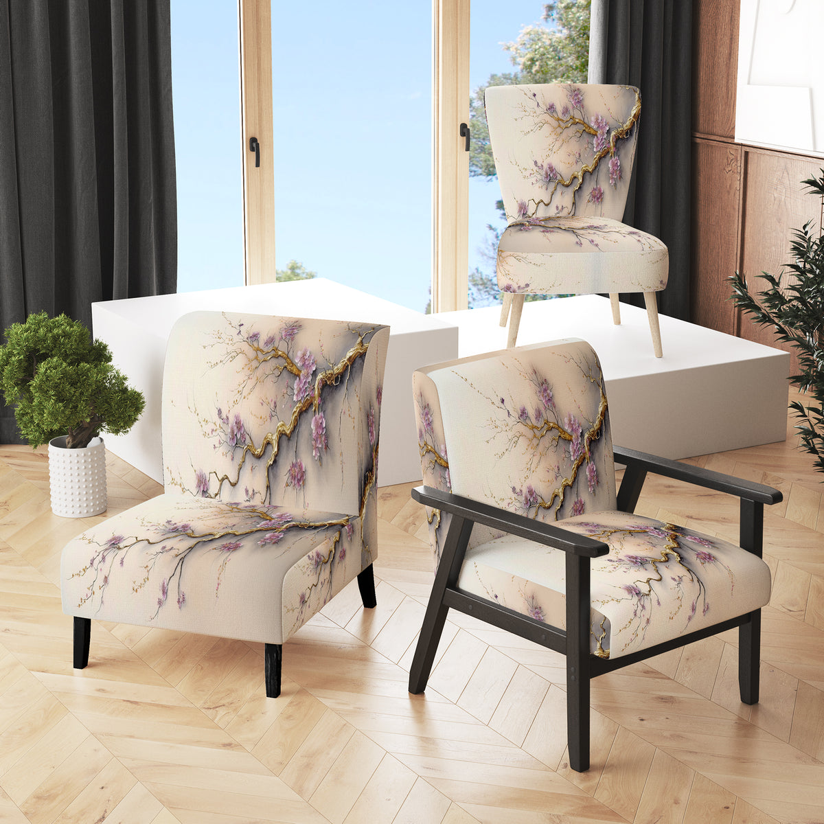 Pink And Plum Cherry Blossom Branch Upholstered Accent Chair and Arm Chair E435