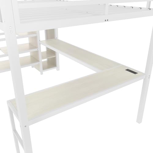 Queen Size White Wood Grain Metal Loft Bed with Desk and Wardrobe L40256